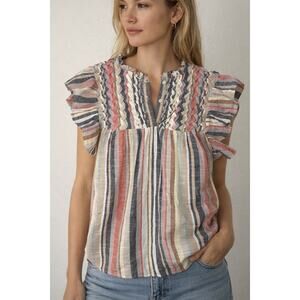 Jennifer & Grace Women’s Stripe Ruffle Sleeve Boho Lightweight Blouse Cotton XL